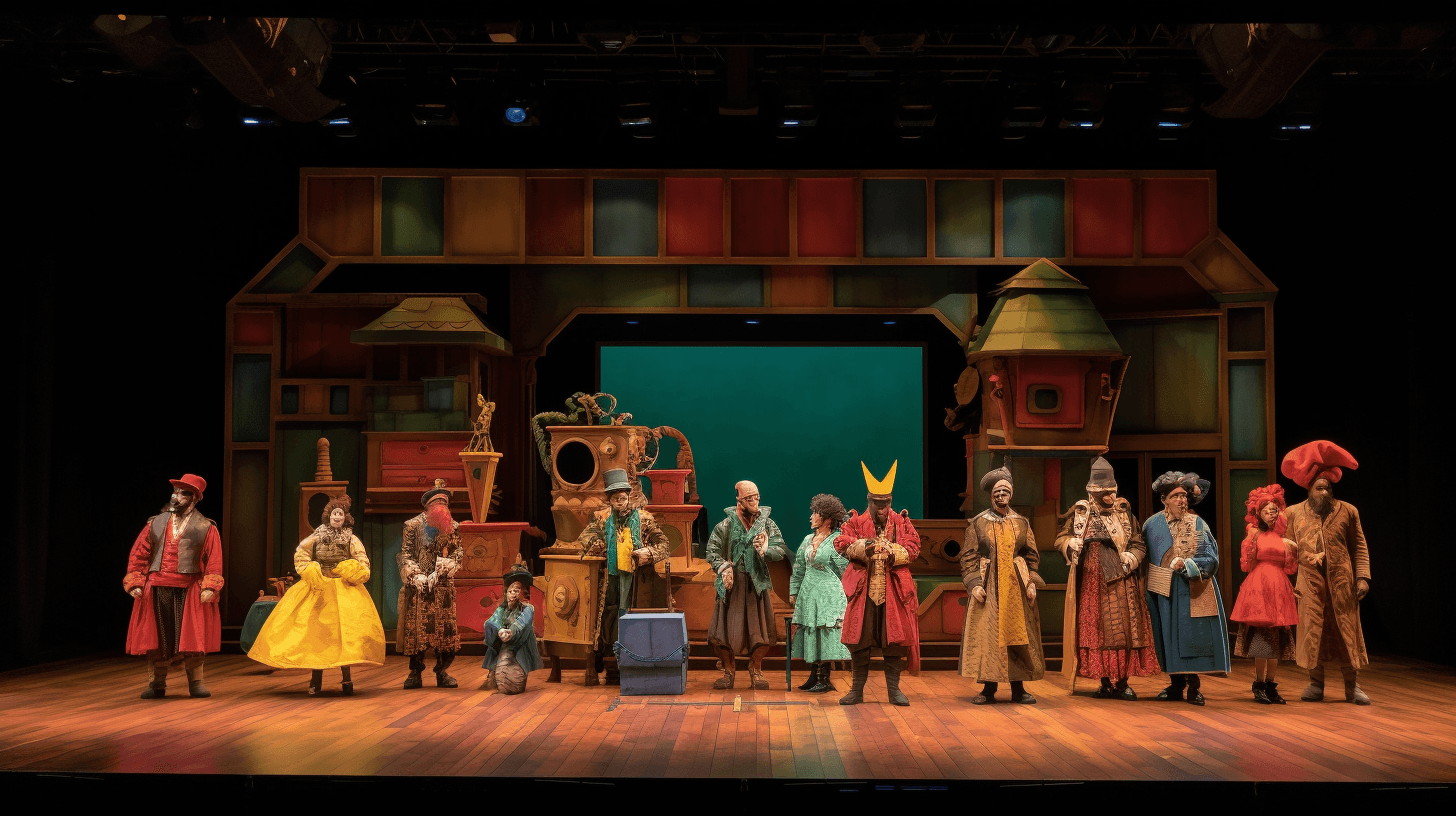 A theater stage with multiple actors wearing a variety of costumes.